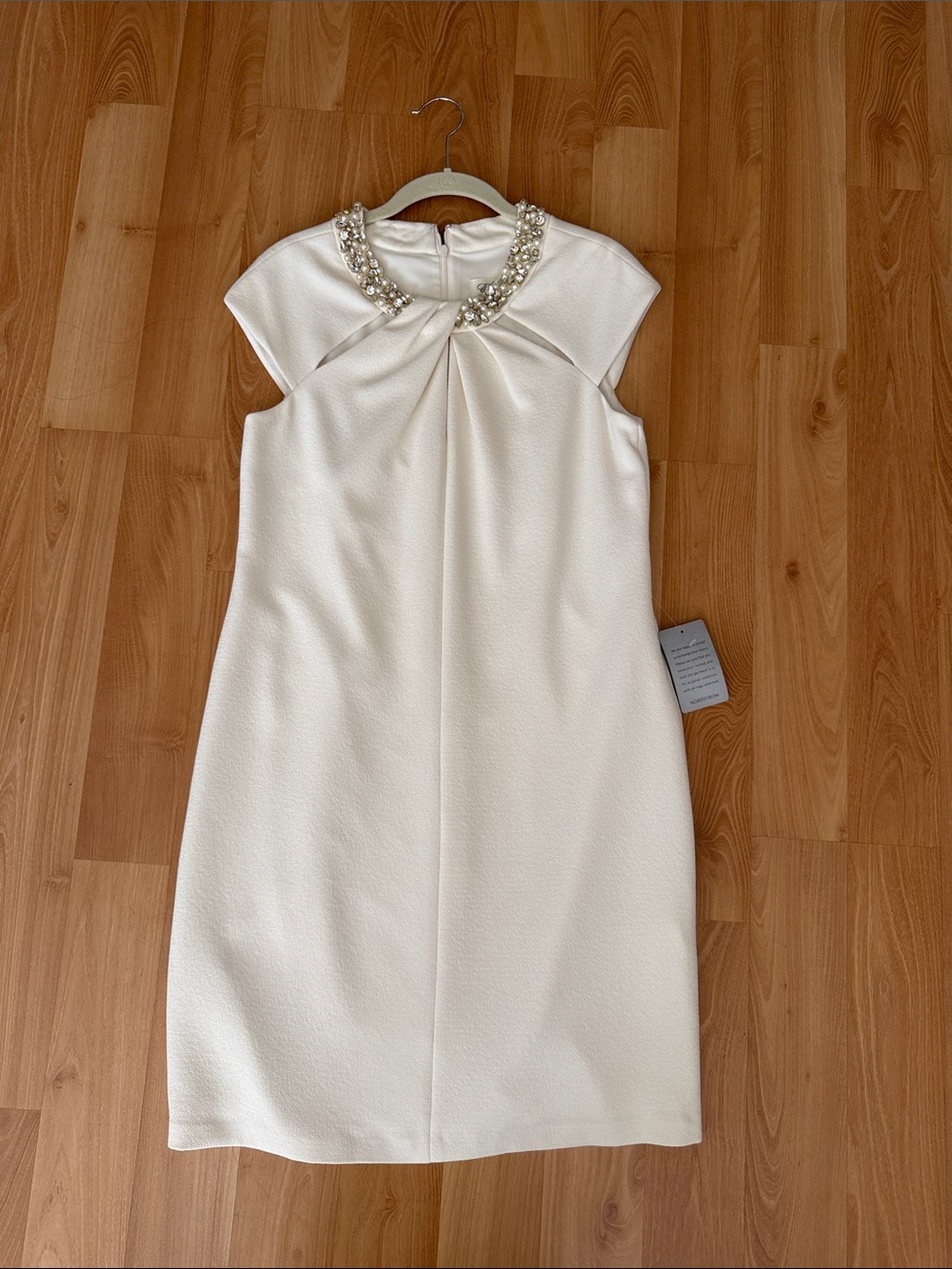 Pearl-Embellished White Cap-Sleeve Dress